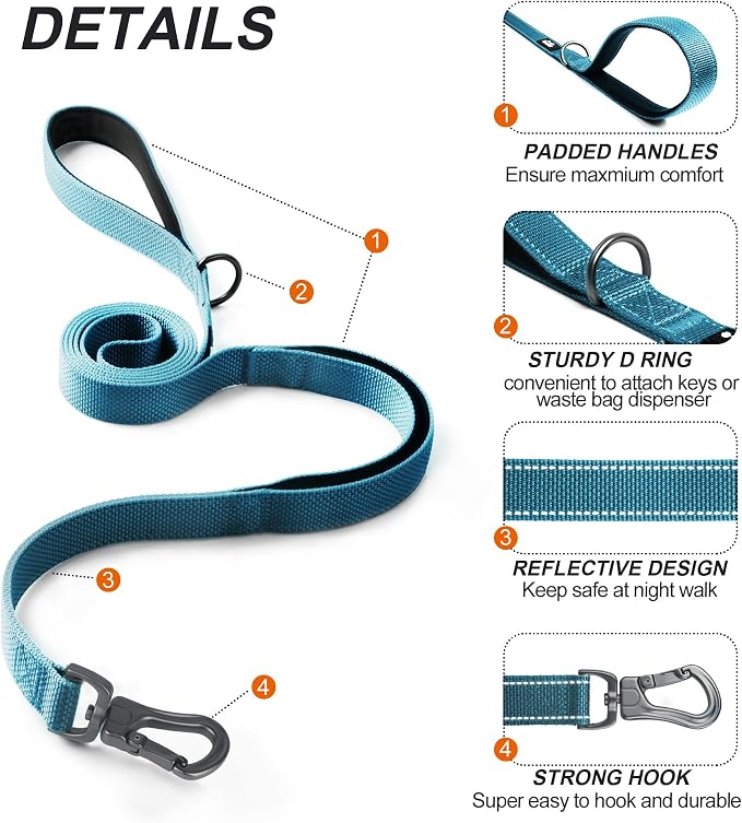 Twoear 4FT 1IN Heavy Duty Dog Leash for Large Dogs with 2 Padded Handles | Traffic Handle Extra Control, Auto Lock Hook, Strong Reflective Walking Leash for Night Safety, Medium and Large Breeds,Blue - Image 2