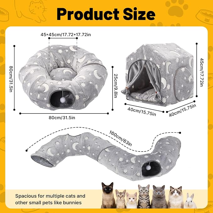 4-In-1 Cat Tunnel with Cube House, Night-Luminous Cat Play Tunnel House with Dual Peek Holes, Large Pocket, Hideout Cat Toys with Tunnel & House, Cat Furniture Tent for Playing, Hiding & Lounging Grey - Image 6