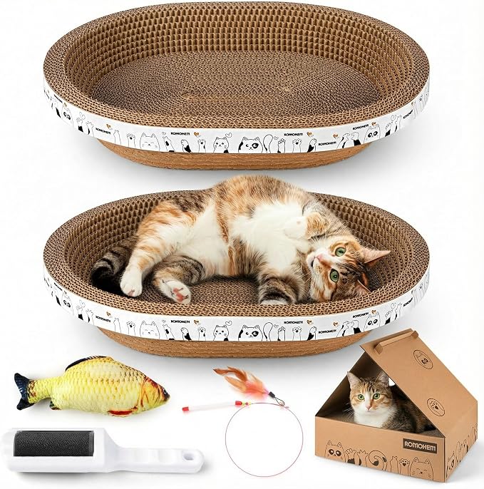 All-in-One Cardboard Cat Scratchers for Indoor Cats, Oval Cat Scratch Box & Lounger Beds Kitten Loves, Durable Cat Scratching Pads + Bonus Toys Couch Cat Scratch Protector by ROMOHOM
