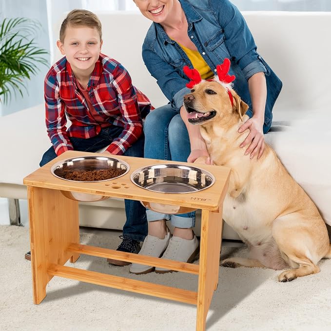 HTB Elevated Dog Bowl Stand with 2 Stainless Steel Bowls-14 H XLarge Bamboo | Raised Dog Bowl Stand, 14"tall, 48 Oz Bowls, for Large Sized Dogs, Pet-safe, Solid Bamboo - Image 7
