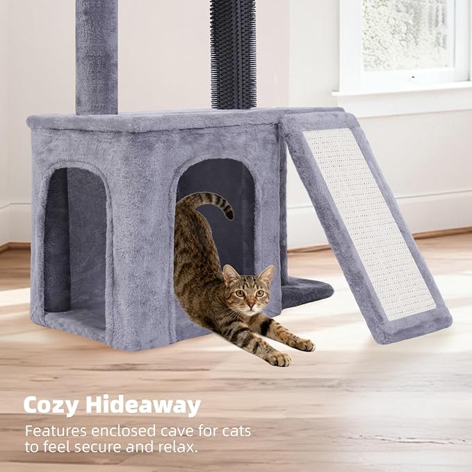 Cat Tree with Self-Grooming Brush and Interactive Toys, Cat Tree Tower for Indoor Cats, Cat Tower with Sisal Scratching Post and Scratching Pads, Cat Condo with Padded Perch, Grey - Image 6