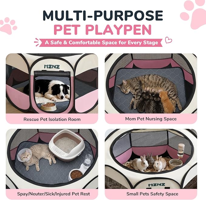 Dog Cat Small Animal Puppy Playpen Crate with Pee Pad, Large, Pink | Portable Pop Up Pet Cage Enclosure Tent Kennel Indoor Outdoor with Carrying Case, No Assembly, Camping Use - Image 3