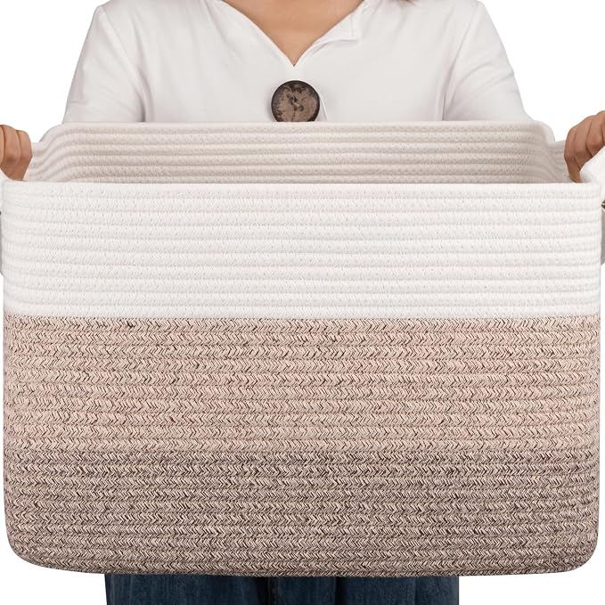 OIAHOMY Woven Blanket Basket Laundry Basket Dog Toy Basket Gradient Brown | Large Storage Basket,Baby Basket,Toy Storage,Woven Rope Basket for Blankets,Blanket Storage for Living Room by MasterofSpaceOptimization