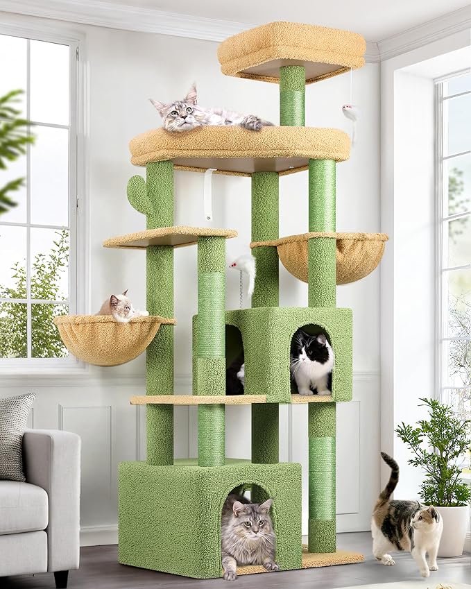 Globlazer Cactus Sturdy Cat Tree for Indoor Cats 20 lbs, S68, Green | 68-inch Large Cat Tower for Adult Big Cats, Heavy Duty Cat Tree with Extra Large Platform, 5 Scratching Post by Globlazer