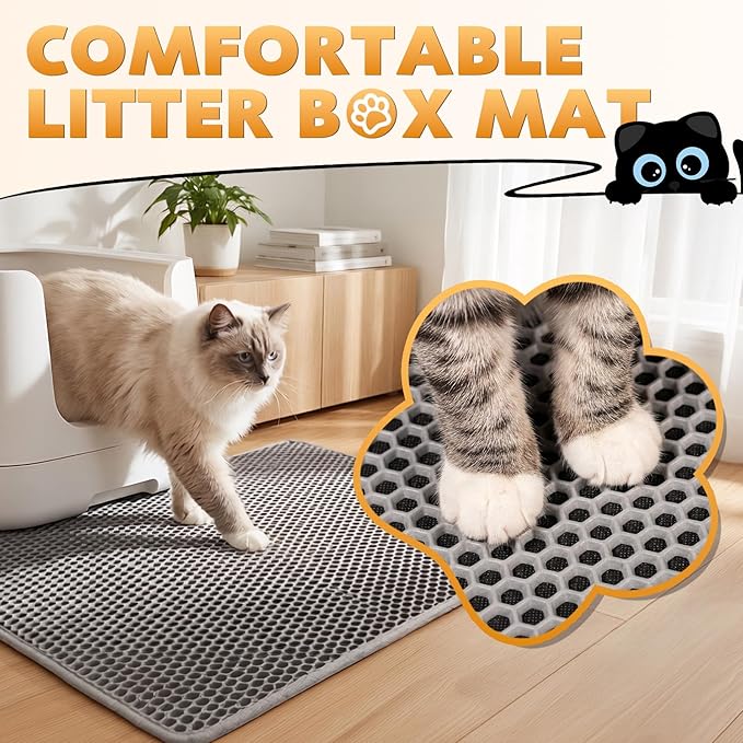 Cat Litter Mat 46"x26", Double Layer Waterproof Litterbox Mat, Gray | Non-slip backing, washable for easy cleanup, traps stray litter with waterproof honeycomb large grid that is urine-proof. - Image 2