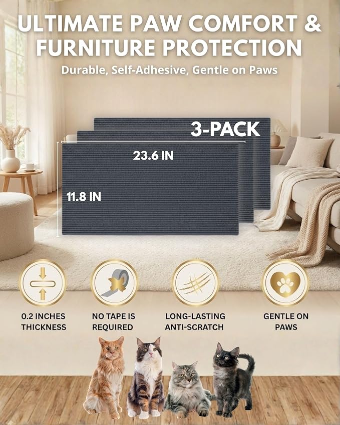 Corner & Wall Cat Scratch Mat, Self-Adhesive Trimmable Cat Scratcher, Wall Mounted Scratching Pad for Indoor Cats, Sofa Furniture Protector, Cat Post Replacement (Darkgrey, 23.6''x11.8'', 3-Pack) - Image 6