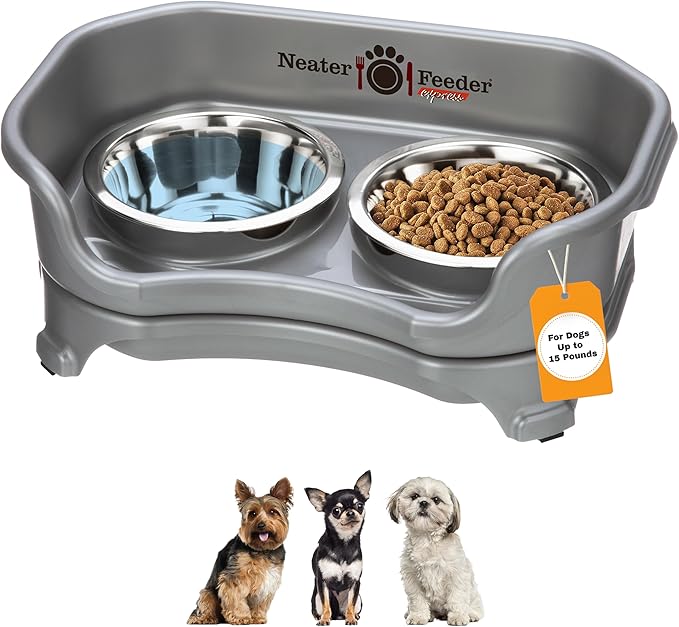 Neater Feeder Express Mess Proof Dog Bowls Elevated for Small Breeds Under 15 Lb, Made in USA, No Spill Raised Dog Food Bowl Stand, Stainless Steel Food and Water Bowl Set, Feeding Station, Grey by NeaterPets