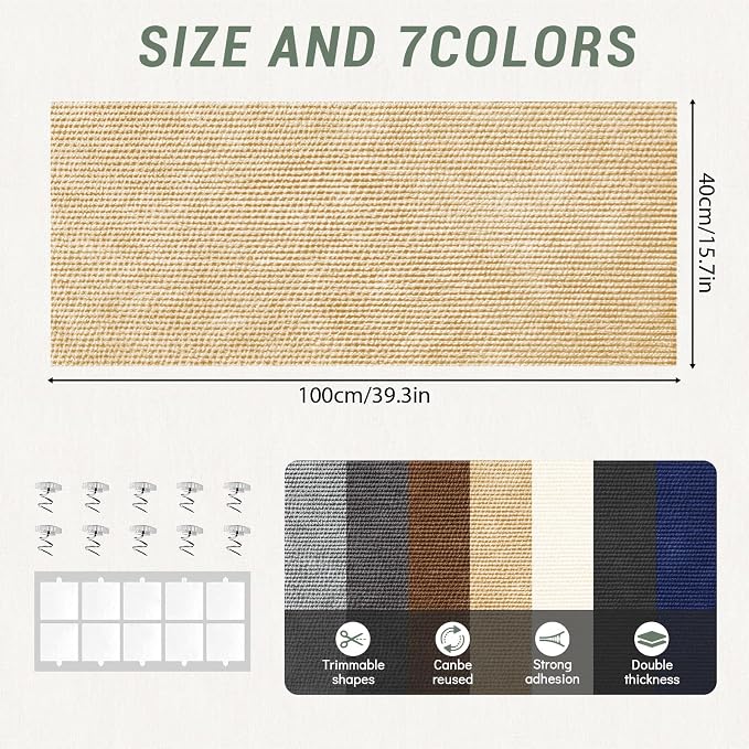 Couch Wall Corner Protector for Indoor Cats, Khaki, 39.3x15.8In | Anti Scratch Furniture Protector from Cats Scratching, Trimmable, Climbing Cat Scratcher Pad Mat, for Cat Board/Door/Carpet - Image 3