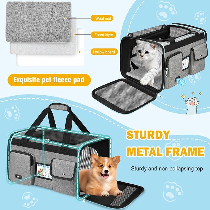 HUANLANG Large Cat Carrier Soft Sided Travel Pet Carrier Airline Approved | Dog Carriers for Small Dogs Medium Cats,Collapsible,3 Storage,zipper lock,Reflective strips,Luggage Strap, Up to 15 Lbs, Grey - Image 6