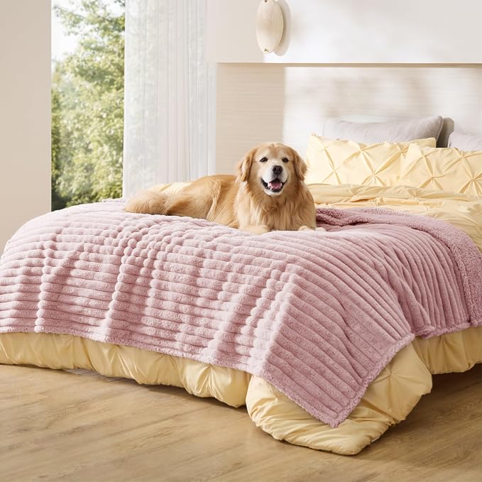 Bedsure ComfyFleece™ Waterproof Blanket for Bed, Twin（60"x80"） Blush Pink | Soft Plush Couch Bed Cover Corduroy Fleece for Furniture Protector, Cozy Calming Reversible Dog Blankets for Large Dogs Pet by BEDSURE