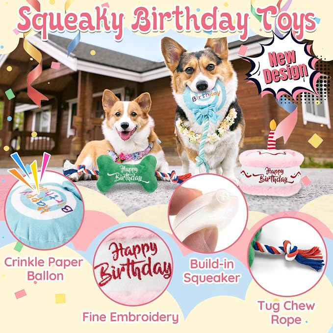 LECHONG 7Pcs Dog Birthday Toys Gifts, No-Mess Paw Print Keepsake Kit with Squeaky Dog Cake Toy, Plush Crinkle Toy, Pet-Safe Ink Pad & Photo Frame for Small Medium Dogs - Image 3
