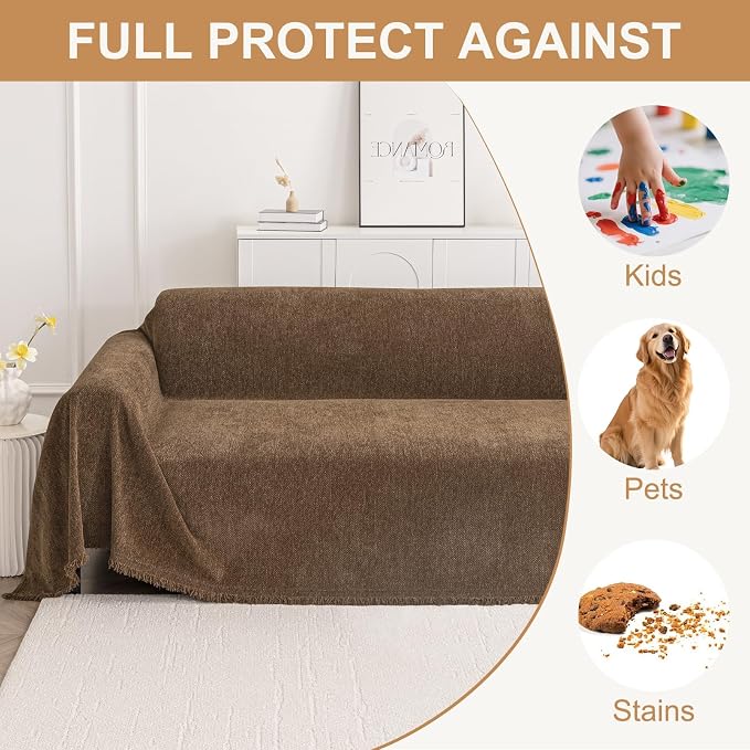 Smiry Couch Cover for Dogs, Chenille Sofa Covers for 3 Cushion Couch | Washable Soft Sofa Slipcover for Pets, Thick Sectional Furniture Protector with Tassels (Chocolate, 88.5x150 Inch) - Image 3