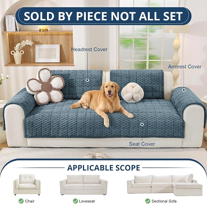 OstepDecor Couch Cover for Dogs, Washable Non Slip Sofa Cover for Pets | Soft Couch Covers for Sofa, Loveseat and Sectional, Furniture Protector Against Pet Hair & Dirt (35.4" x 63", Blue) - Image 4