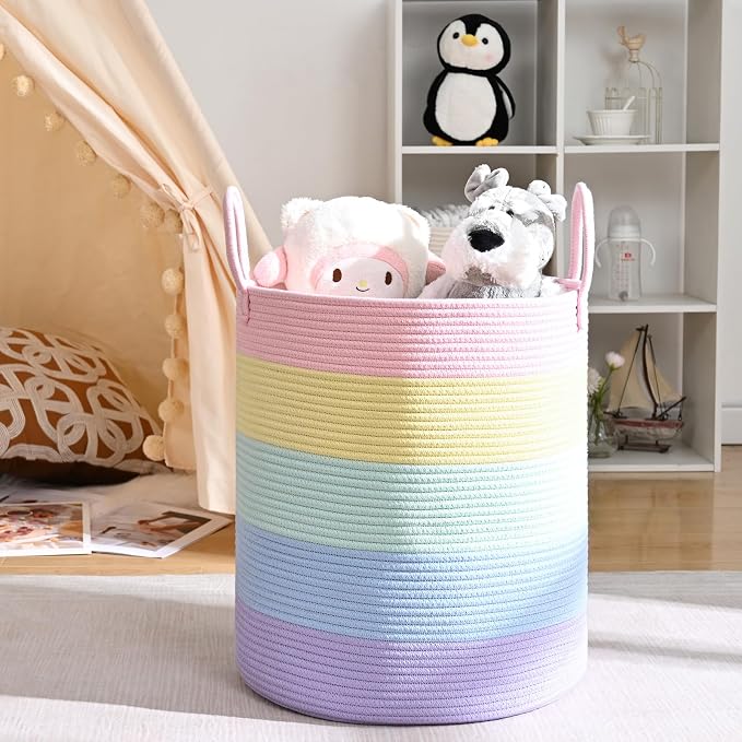 Laundry Hamper for Organizing, 52L Large Laundry Baskets, Cotton Rope Woven Blanket Basket, Collapsible Laundry Hamper for Living Room, Nursery, 15"×18", Light Rainbow - Image 5
