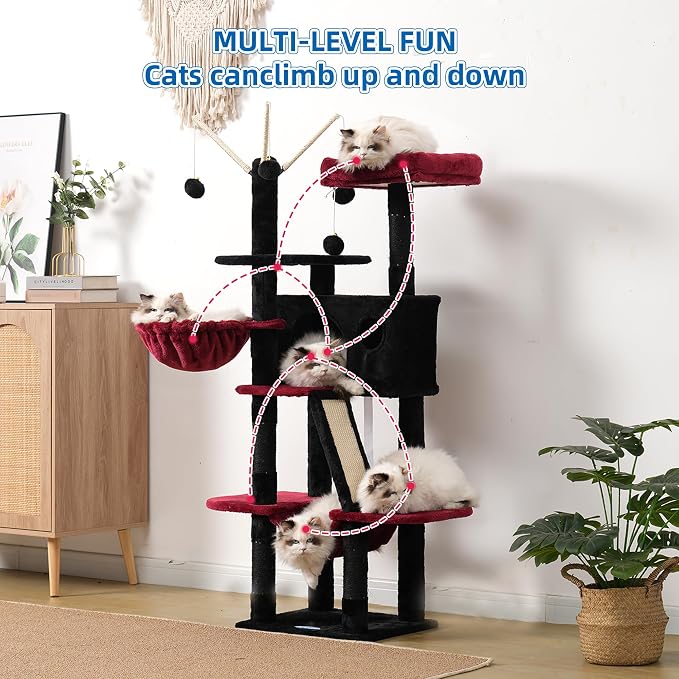 Hey-brother Cat Tree Tower with Padded Platform Bed, Hammock, MPJ019-SBR | 53 Inches Cat House with Large Cozy Condo, Toy Balls and Sisal Scratching Posts for Indoor Multi-Cats, Black and Red - Image 6