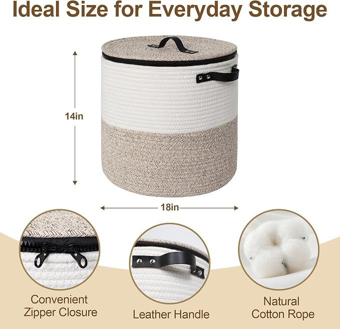 Storage Basket with Lid, 18"x14" Large Woven Blanket Storage for Living Room, Round Cotton Rope Bin with Zipper Top, Shoe Basket with Lid for Entryway, Floor Kids Dog Toy Bin Box with Cover - Image 2