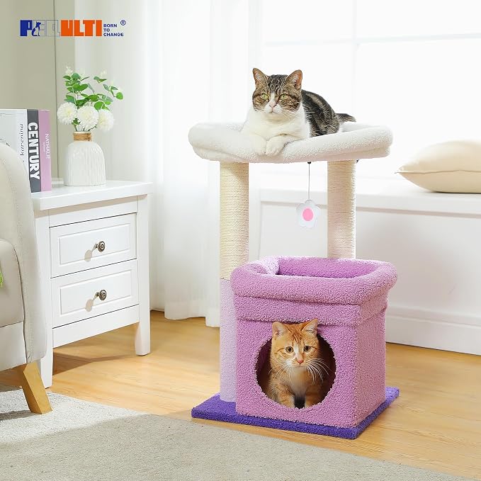 PEQULTI Indoor Cat Tree Tower Small Cats, Sisal Post & Cozy Condo, Purple | Private soft cat condo, soft top perch, natural sisal scratch posts, plush pom-pom toy for indoor kitties - Image 8