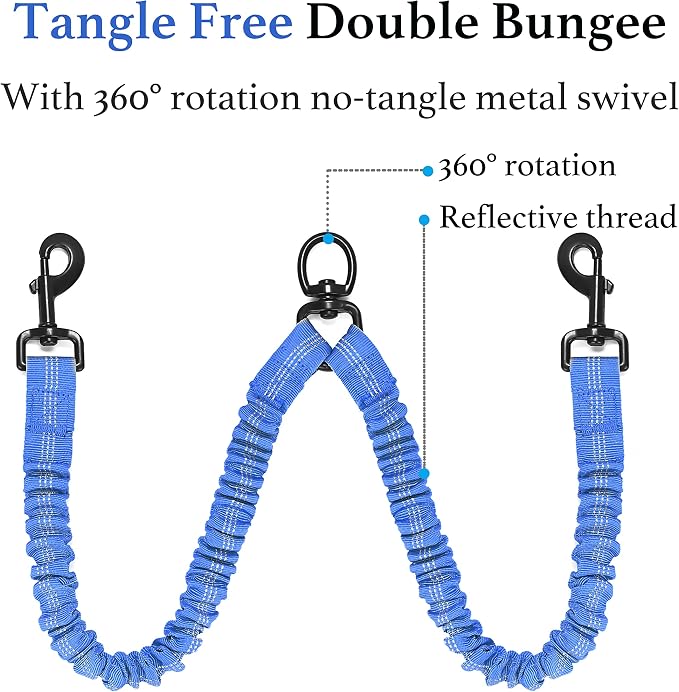 Double Dog Leash, 360° Swivel, No Tangle, Large, Royal Blue | Dual Leash for Two Dogs, Split Leash, Shock-Absorbing Bungee, Padded Handle, Heavy-Duty Rope - Image 5