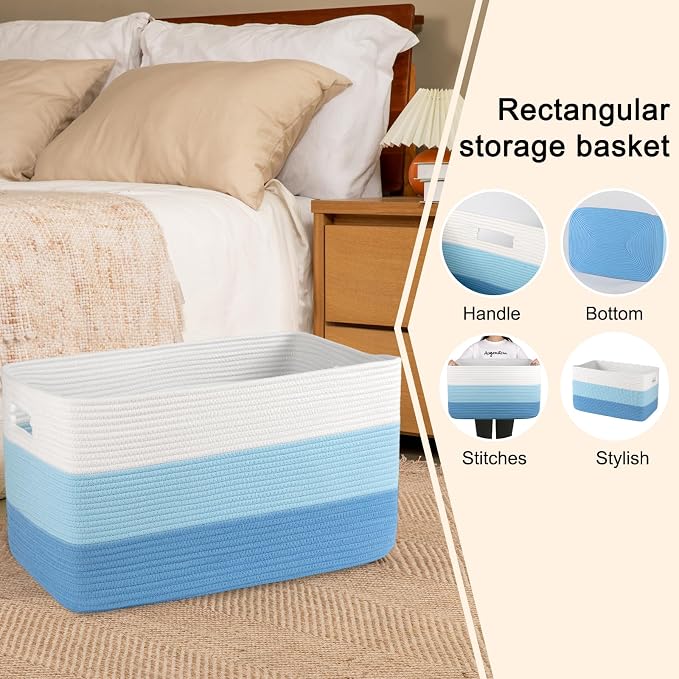 OIAHOMY Blanket Basket Laundry Basket Dog Toy Basket 75L Light Blue | Large Storage Basket,Baby Basket,Toy Storage,Woven Rope Basket for Blankets,Blanket Storage for Living Room - Image 5