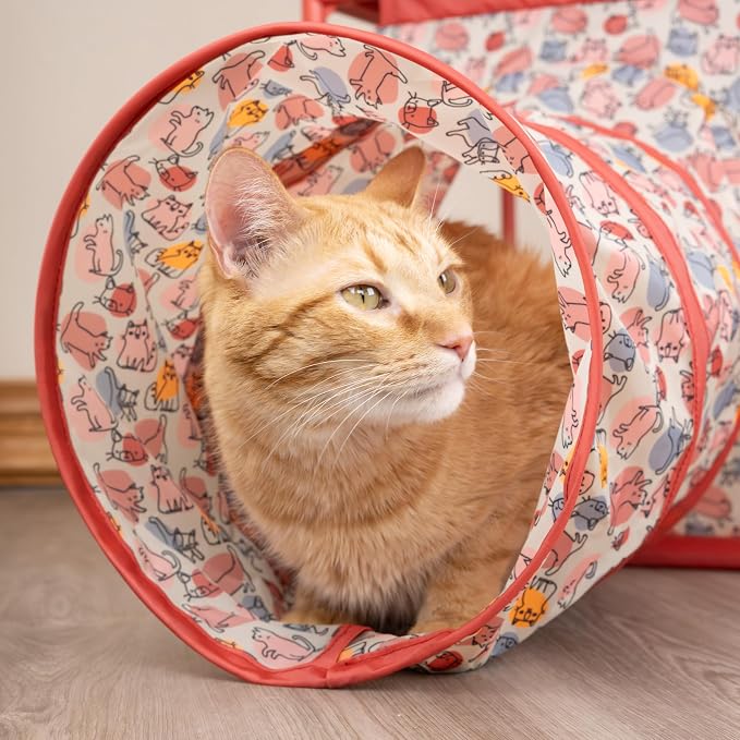 Kitty City Cozy Cube Retreat Cat Tower with Tunnel, Scratching Post & Hanging Toy, Dual-Level Indoor Cat Play Furniture for Climbing, Hiding & Lounging, Red - Image 6