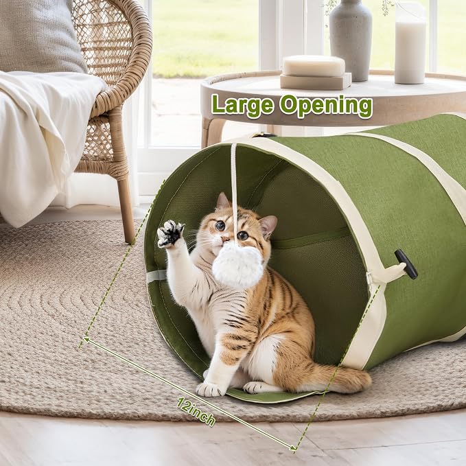 Ownpets Cactus Cat Tunnel 10" with Peek Holes for Indoor Large Cat, Green | Durable Oxford fabric, noise-free, foldable & connectable, multi-cat friendly, tube for cats up to 20lb, includes ball & wand - Image 8