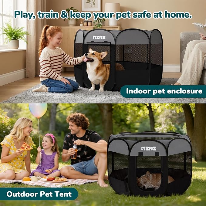Dog Cat Small Animal Puppy Playpen Crate, Medium, Dark Grey | Portable Pop Up Pet Cage Enclosure Tent Kennel Indoor Outdoor with Carrying Case, No Assembly, Camping Use - Image 5