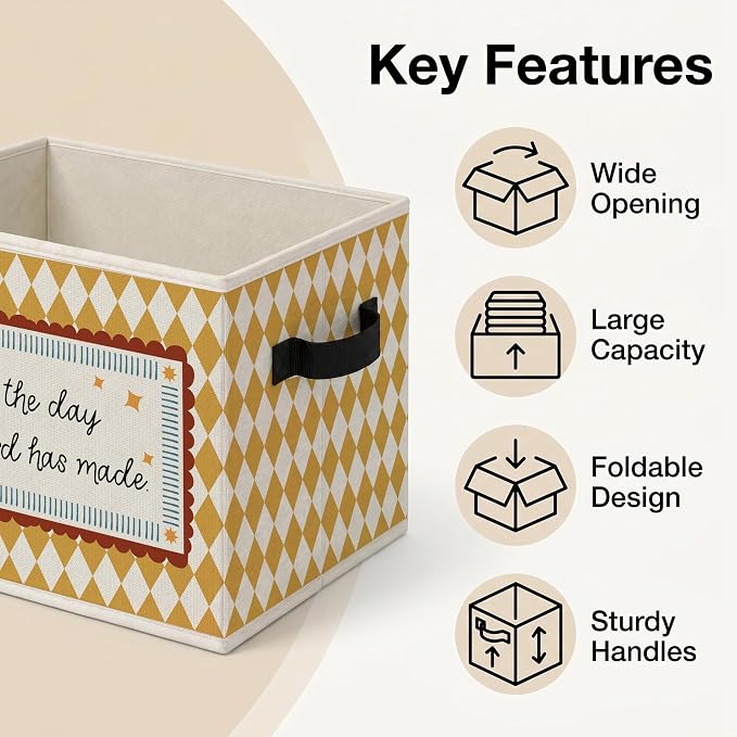 Christian Warm Storage Bins Box, Farmhouse Collapsible Organizer Basket | religious faith storage box basket for books clothes, cream gingham organizer for nursery bedroom playroom, 10x14 in - Image 4