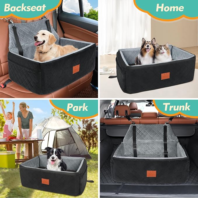 NEEZUKAR Dog Car Seat for Large Medium Size Dogs, Pet Car Seat Under 55 lbs | Thick Cushion, Detachable Washable Dog Booster Seat for 2 Small Dogs, Travel Dog Car Bed with Storage Pockets, 2 Safety Belts - Image 6