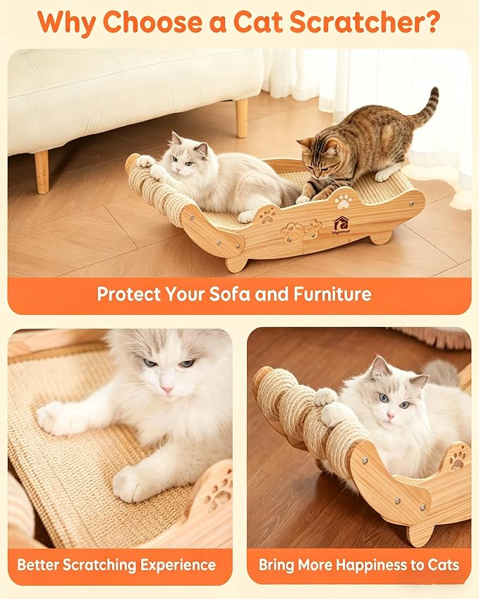 Large Sisal Cat Scratch Pad, Nartural Soild Wood Cat Scratcher Bed with Sisal Scratching Felt and 4 Balls for Indoor Cats Scratch & Lounger & Sleep (Large Size, Nature Wood) - Image 3