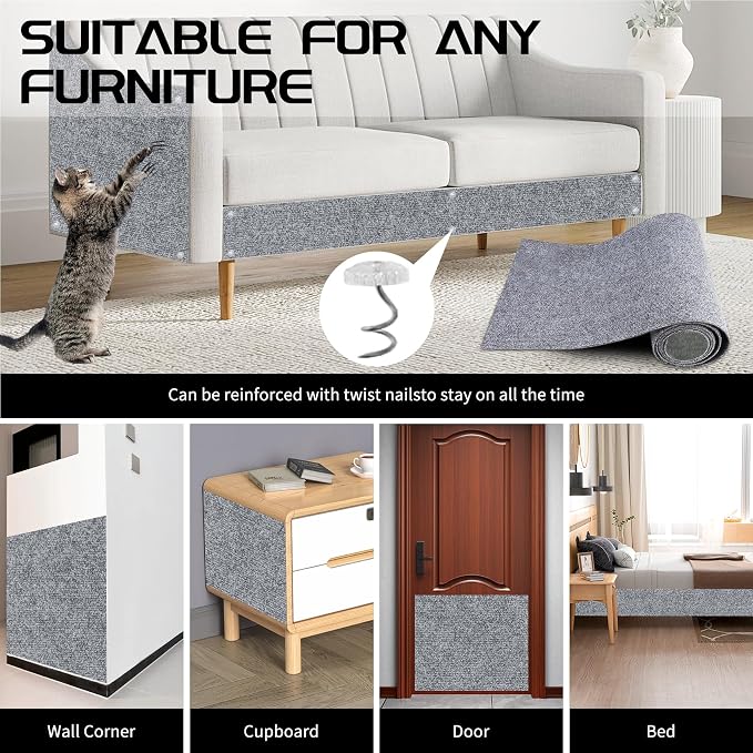 2 Pcs Total 78.8"x15.8" Cat Scratch Mat, Cat Scratch Couch Furniture Protector, Trimmable Self-Adhesive Cats Scratch Pads, DIY Cat Scratcher for Wall Protector and Covering Cat Tower (Light Grey) - Image 7