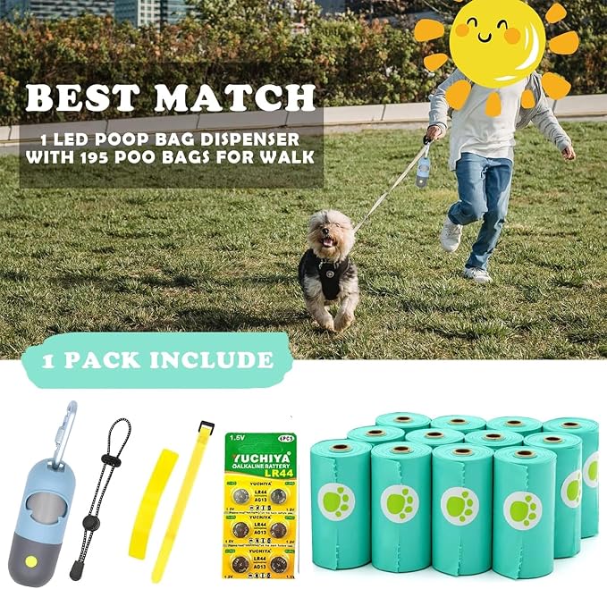 Dog Poop Bags Holder with LED Flashlight|Pet Waste Bags Dispenser for Leash|Doggie Potty Bags Container with Leak-proof Pet Trash Bags and Accessories (1 Holder 195 Bags, Sky Blue) - Image 4