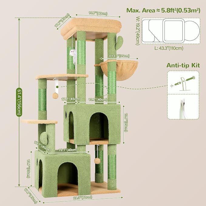 Globlazer Heavy Duty Cactus Cat Trees for Big Cats Maine Coon, F61, Green | Cat Tower for Indoor Large Adult Cats with Scratching Post, Extra Large Top Perch, Cat Condos, 61inch - Image 6