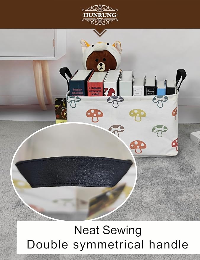 Rectangle Canvas Foldable Storage Basket for Nursery, Color Mushroom | Portable and collapsible cloth receptacle. Stores pet essentials, daily use items. Folds flat when not in use - Image 8