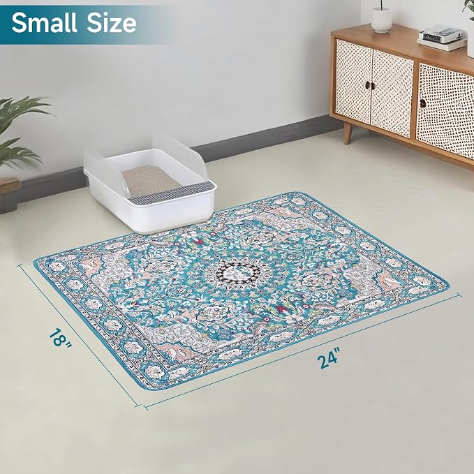 Cat Litter Mat, Reusable Kitty Litter Trapping Mat 2 PCs, 24"x18" Washable Litter Mats for Cats, Waterproof & Non-Slip Compatible with Cat Box (Lake Blue Medallion, 24"x18"(2 PCS)) - Image 2