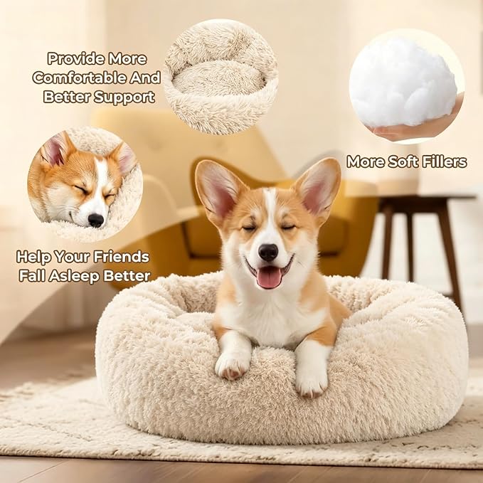 Calming Donut Dog and Cat Bed for Indoor Cats, Anti-Anxiety Round Fluffy Soft Washable Small Pet Bed for Puppy and Kitten, Warming Comfortable Luxury Anti-Slip Waterproof Mute Base 20in Light Brown - Image 4