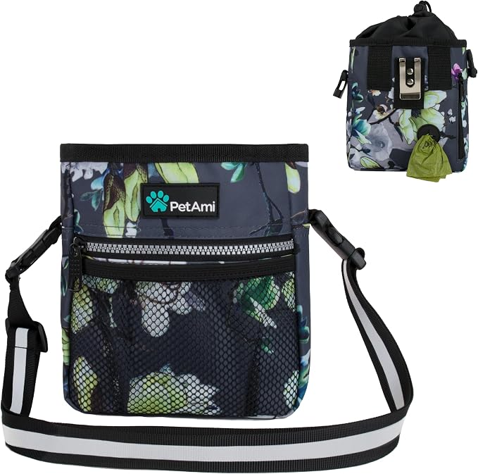 PetAmi Dog Treat Pouch, Pet Treat Pouch for Training, Dog Walking Bag Holder for Kibbles, Pet Food Toy, Dog Trainer Essentials Supplies, Poop Bag Dispenser, 3 Ways to Wear (Floral Grey) by PetAmi