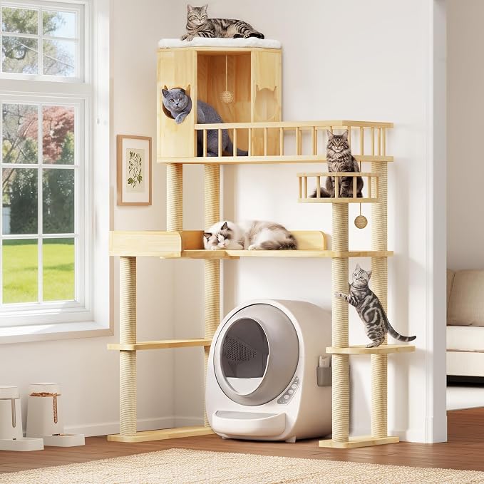 Corner Cat Tree for Automatic Litter Box, 6 Tier Cat Tower, 61''H | Wood Cats Tower for Self Cleaning Litter Box, Cat Tree for Indoor Adult Cats, Solid Wood Cat Furnitue w/12Pcs Scratching Post by Homiflex