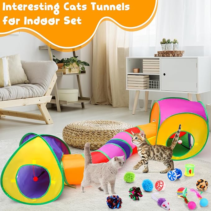 21 Pcs Cat Tunnels for Indoor Set, 3 In1 Collapsible Cat Tunnel Toy with Cube Tent Toys Combo and 20 Pcs Interactive Kitty Toys Feather Toy Fluffy Mouse Crinkle Balls for Kitten Puppy - Image 5