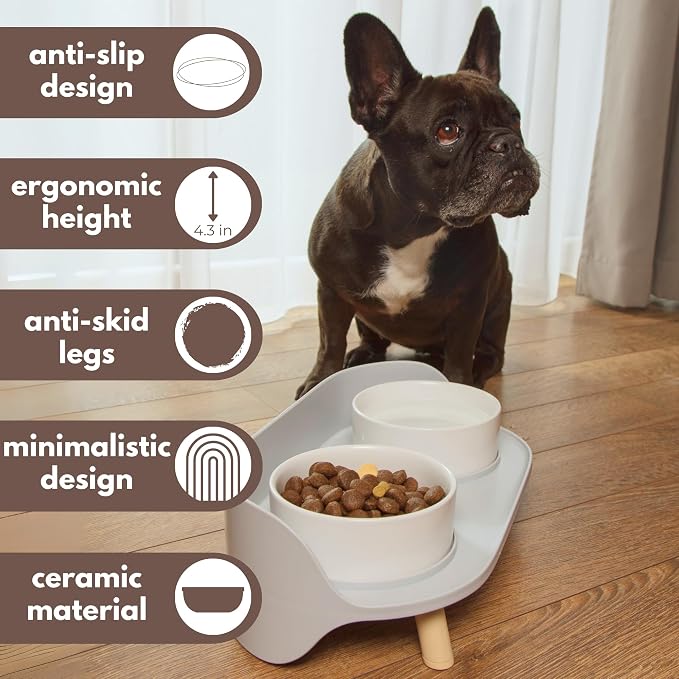 A4DOG Ceramic Dog Bowls with Stand - Elevated Dog Water and Food Bowl Set 13.5oz Cat & Dog Feeding Station Spill Proof Splash Proof Raised Pet Food Bowls for Dogs, No Mess Pet Feeder - Gray - Image 2