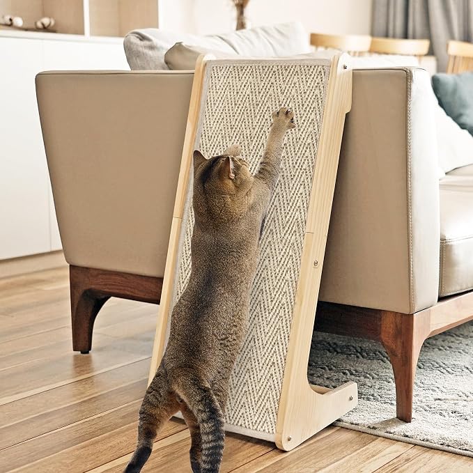 PETKARAY L Shape Cat Scratcher, Sisal Scratching Ramp, Chevron Scratching Pad for Indoor Cats, 27" Wall Furniture Protector with Mouse Toy by PETKARAY