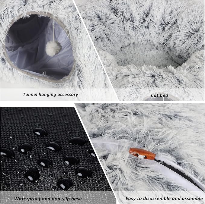 Cat Tunnel, Cat Tunnel with Sleeping Area, Plush Donut Cat Bed with Pom-Poms, Indoor Interactive Cat Toy, Gray (33.46×10.23in) - Image 5