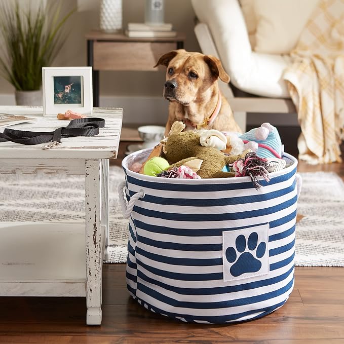 Bone Dry Pet Storage Collection Striped Paw Patch Bin, Large Round, Navy - Image 4
