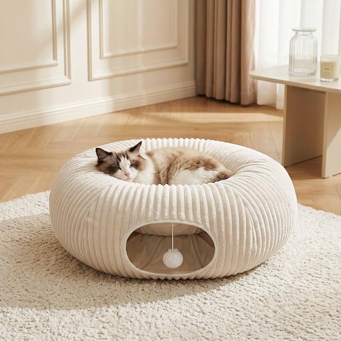 Cat Tunnel Bed with 40 Pcs Interactive Cat Toys, Cat Tube with Kitten Toys for Indoor Kittens, Collapsible Play Tunnel, White - Image 6
