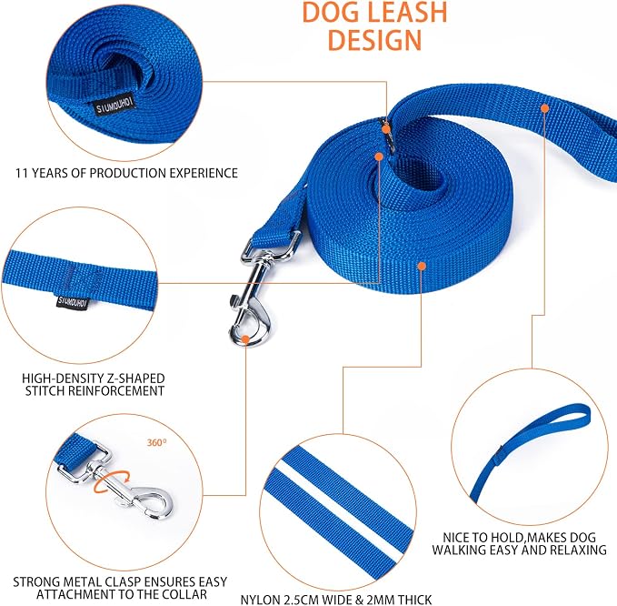 Strong Durable Nylon 15ft Long Dog Training Leash, Traction Rope, 1 Inch Wide, for Small and Medium Dog (Blue, 15 Feet) - Image 3