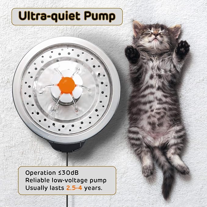 iPettie Cat Water Fountain Stainless Steel, 84oz/2.5L, 4-Stage Filtration | Ultra Quiet Metal Cat Water Fountain with LED Light & Filter for Pet, Kitty & Dog - Image 6