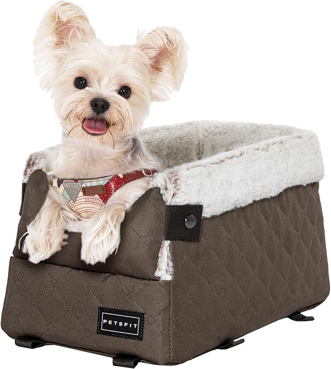 PETSFIT Dog Console Car Seat with Dual Adjustable Seat-Rail Anchor Hooks | Anti-Collapse Leather Armrest Booster Carseat with Safety Tether, Washable Cushion, Soft Pillow for Pets Under 8 lbs,Coffee - Image 9