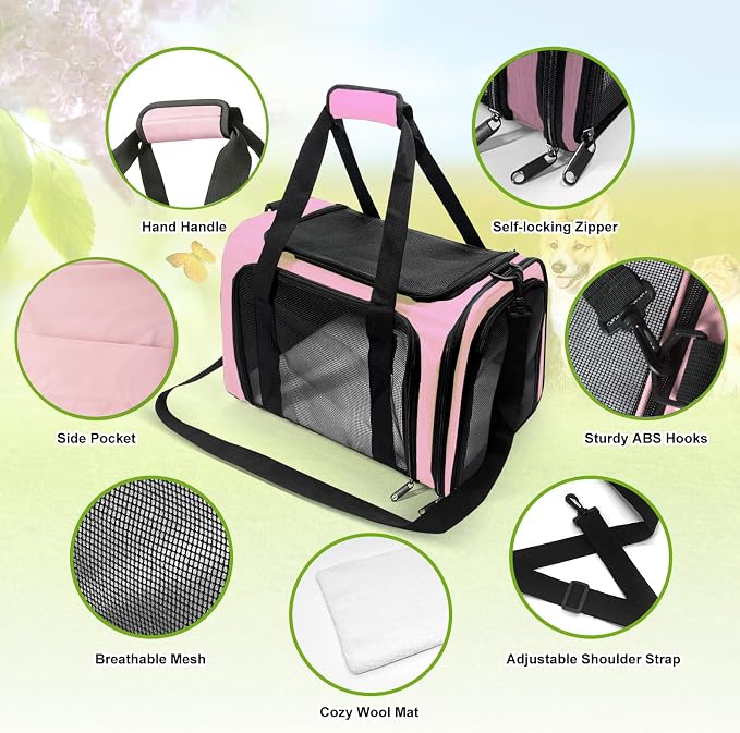 Dog Carrier for Pets, Up to 25 Lbs, Collapsible Travel Carriers for Puppy with Shoulder Strap and Removable Mat, 20x13x13 Inch, Pink - Image 3