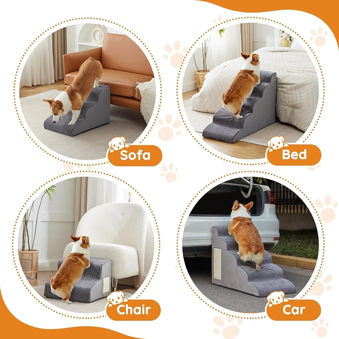 Dog Stairs for Small Dogs 19.7" H, Dog Ramp for Bed, 4-Step, Grey | Dog Steps for Bed, Couch, Pet Stairs with Non-Slip Bottom Design, Cat Scratching,High Density Foam Portable Pet Steps, Indoor - Image 6