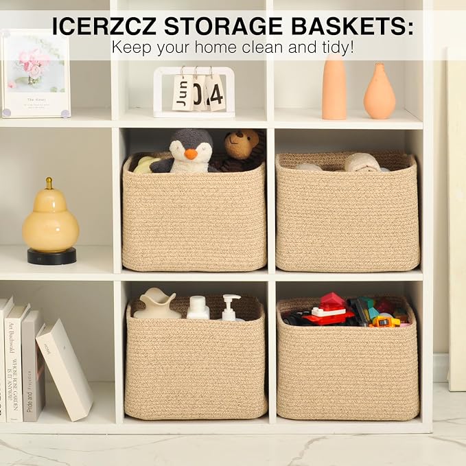 ICERZCZ Storage Baskets for Organizing & Shelves, Woven Cotton Rope Organization Bins for Dog Toys, Clothes, Books, Nursery Organizer, 15"Lx11''Wx9.5''H, (4 Packs) Brown - Image 6