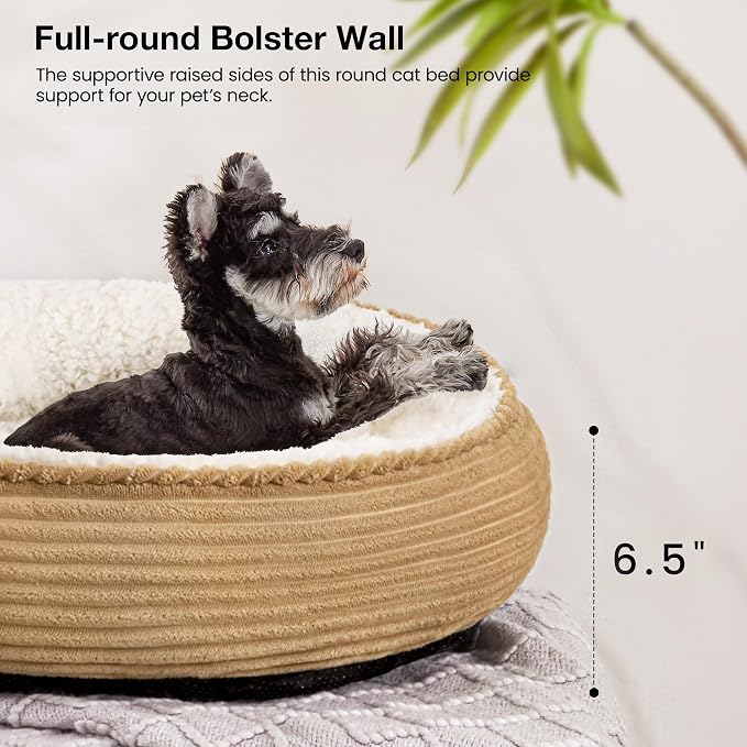 Love's cabin Round Donut Cat and Dog Cushion Bed, 24in Pet Bed for Small or Medium Dogs, Anti-Slip & Water-Resistant Bottom, Soft Durable Fabric Pet Beds, Washable Calming Cat Bed Beige - Image 5